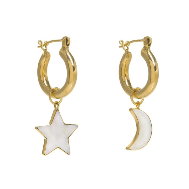 Freya Rose Gold Mini Hoops with Mother of Pearl Star and Moon