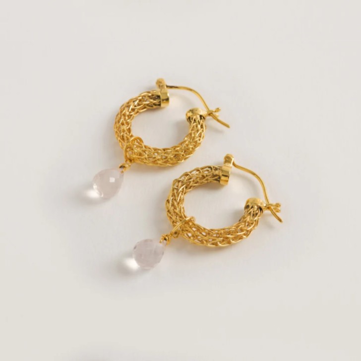 Freya Rose Gold Weave Mini Hoop Earrings with Rose Quartz Crystals