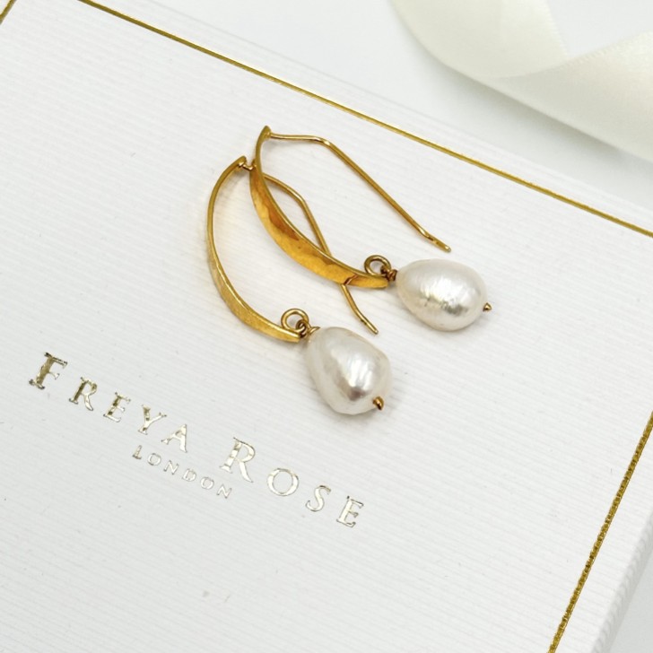 Freya Rose Hammered Gold Baroque Pearl Drop Earrings