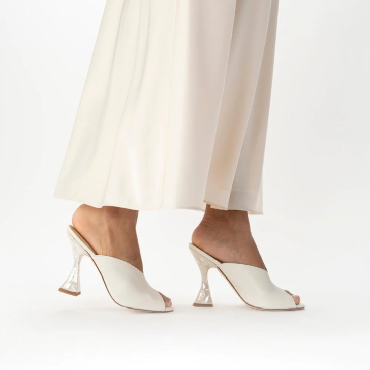 Freya Rose Mimi Ivory Leather Mother of Pearl Peep Toe Mules