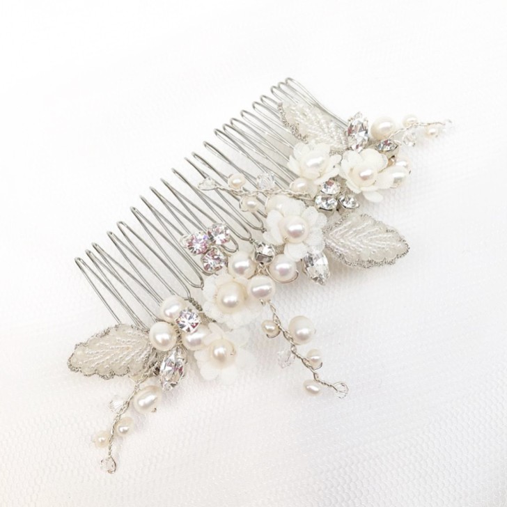 Gracie Freshwater Pearl Flowers and Beaded Leaves Hair Comb
