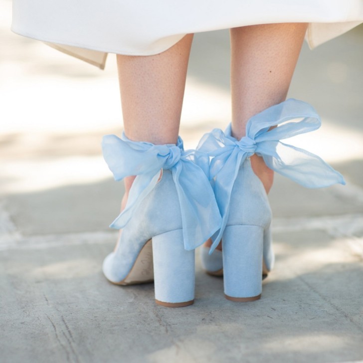 Harriet Wilde Hetty Blue Suede Organza Tie Up Block Heel Court Shoes