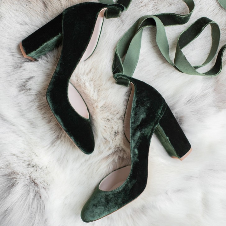 Harriet Wilde Hetty Forest Green Velvet Tie Up Block Heel Court Shoes