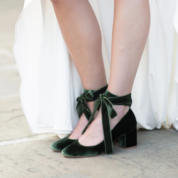 Harriet Wilde Hetty Mid Forest Green Velvet Tie Up Block Heel Court Shoes