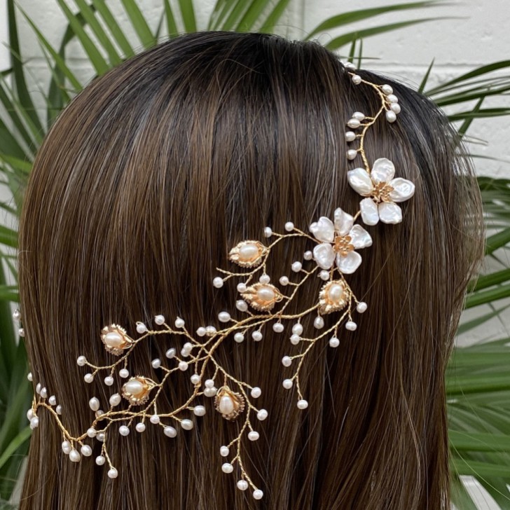 Hermione Harbutt Celeste Garland of Gold Leaves and Pearls Headpiece