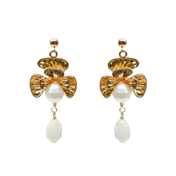 Hermione Harbutt Orchid Gold Floral Pearl Drop Earrings