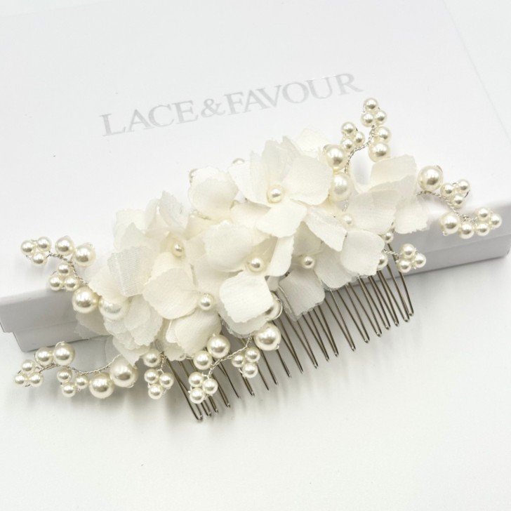 Hydrangea Ivory Fabric Flowers and Pearl Bridal Hair Comb