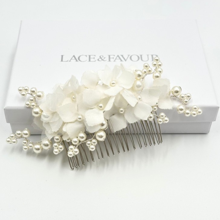 Hydrangea Ivory Fabric Flowers and Pearl Bridal Hair Comb