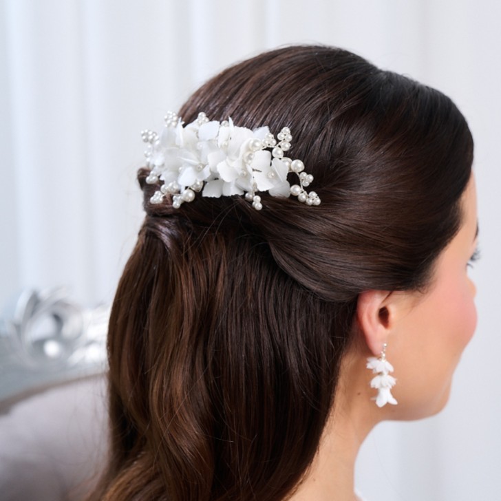 Hydrangea Ivory Fabric Flowers and Pearl Bridal Hair Comb