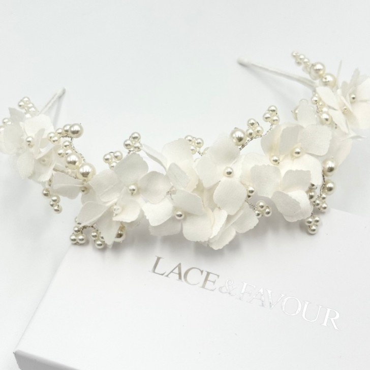 Hydrangea Ivory Fabric Flowers and Pearl Bridal Headband