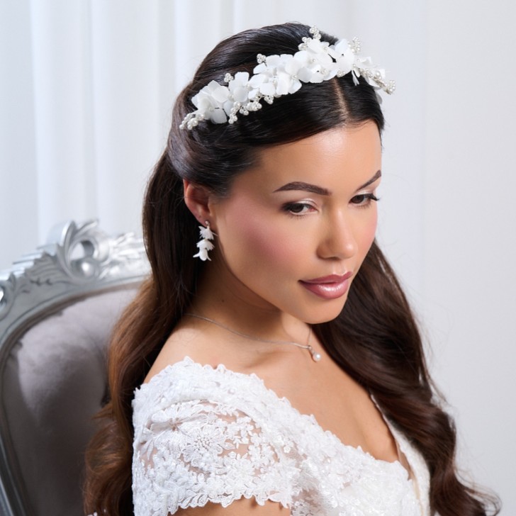 Hydrangea Ivory Fabric Flowers and Pearl Bridal Headband