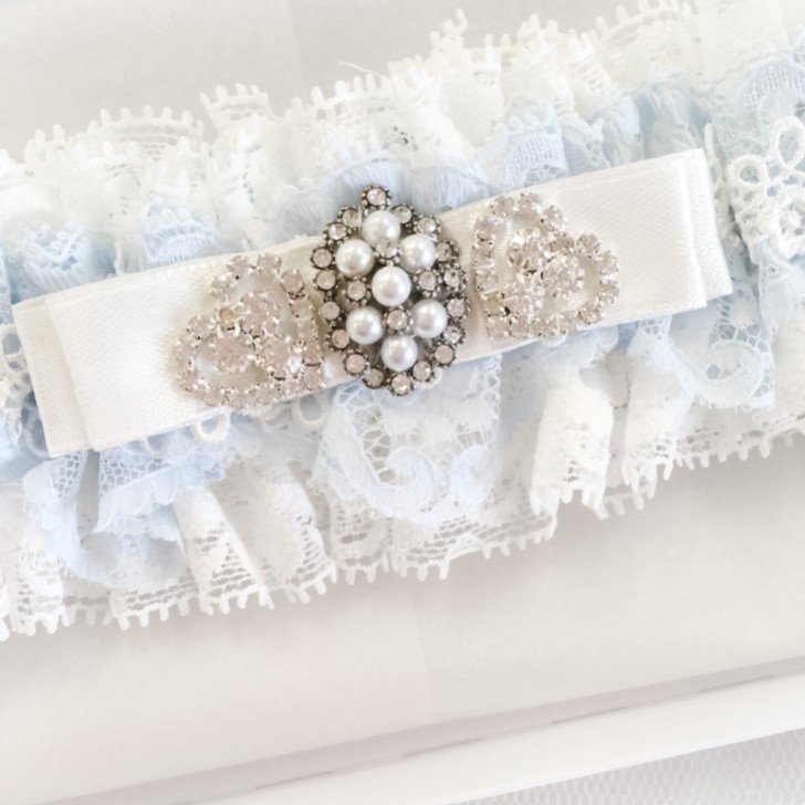 Infinity Blue and Ivory Lace Garter with Crystal Embellished Bow