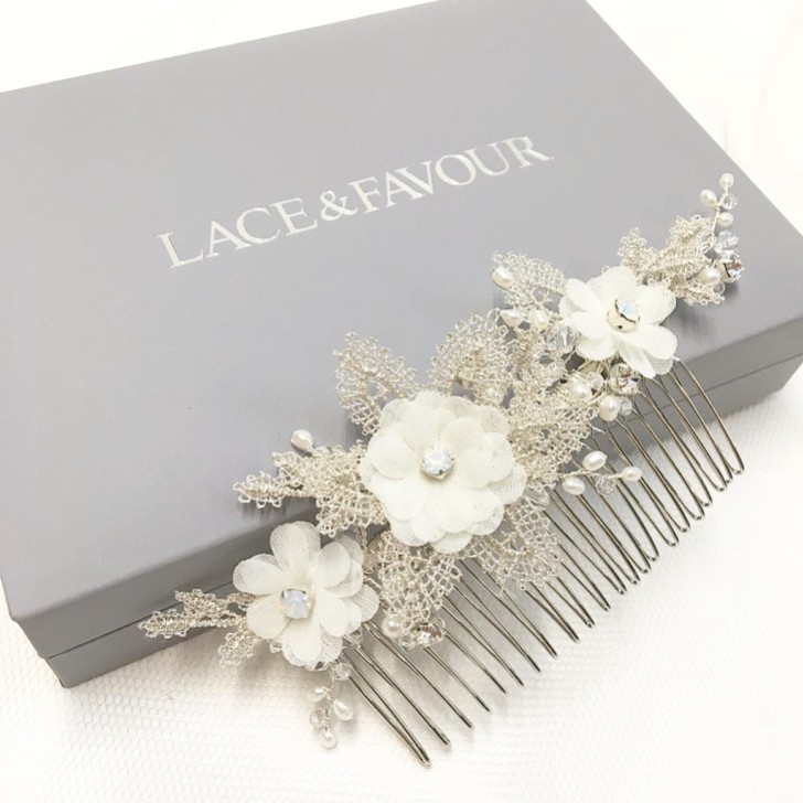 Isabella Opal Crystal Flowers and Silver Lace Leaves Hair Comb