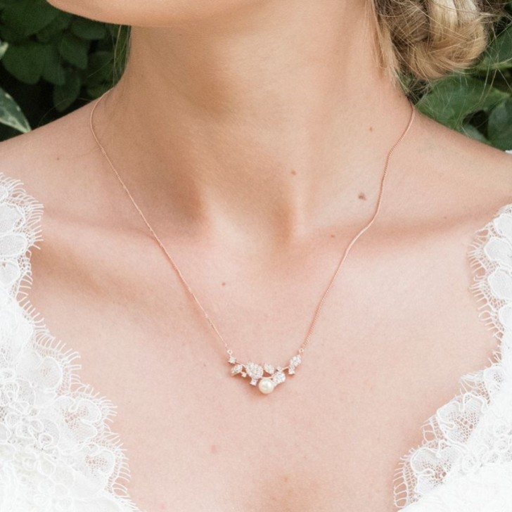 Ivory and Co Aphrodite Crystal Leaves and Pearl Wedding Necklace (Rose Gold)