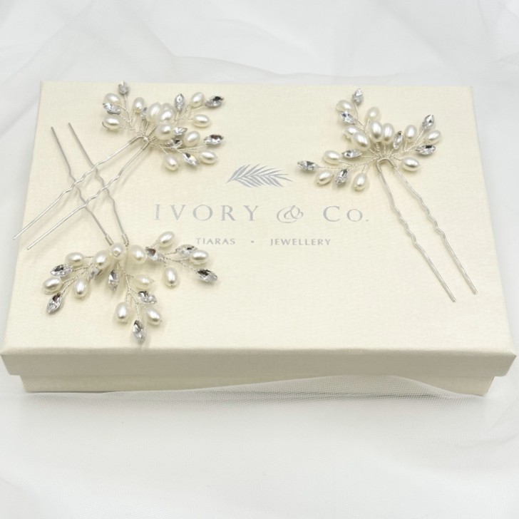Ivory and Co Cosmos Silver Crystal and Pearl Hair Pin Set