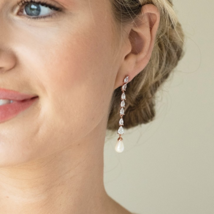 Ivory and Co Melbourne Rose Gold Crystal Long Pearl Drop Earrings