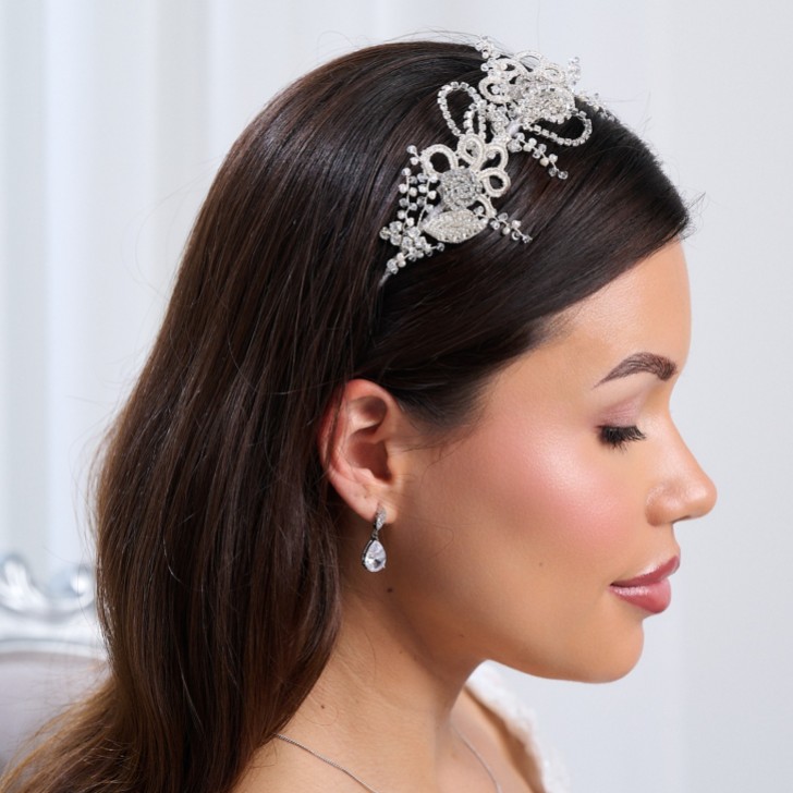 Leona Vintage Inspired Silver Lace and Crystal Side Headpiece