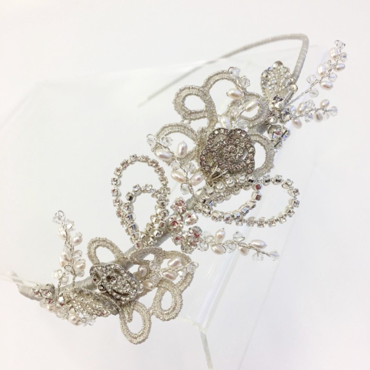 Leona Vintage Inspired Silver Lace and Crystal Side Headpiece