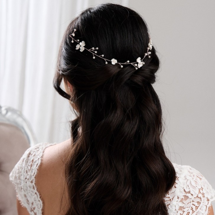 Letisha Ivory Flowers and Pearl Sprigs Wedding Hair Vine (Rose Gold)