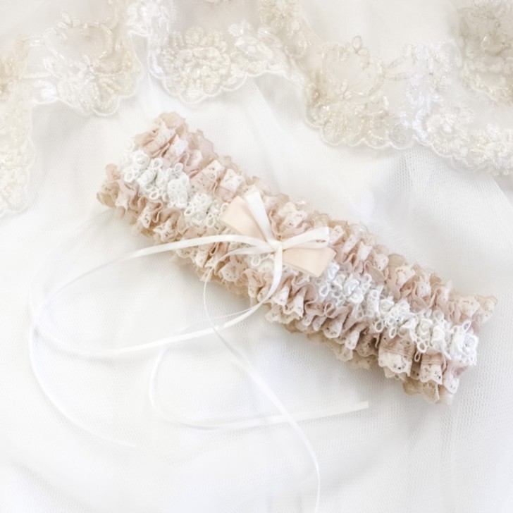 Liberty Blush and Ivory Lace Frill Bridal Garter with Double Bow