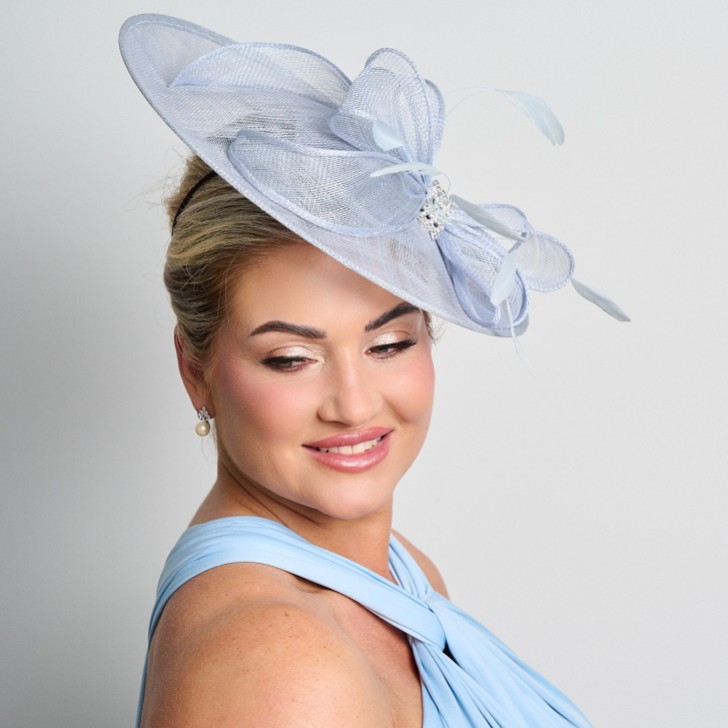 Light Blue Diamante Bow Large Sinamay Disk Wedding Fascinator