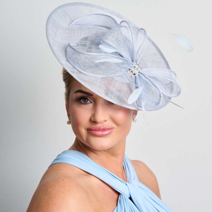Light Blue Diamante Bow Large Sinamay Disk Wedding Fascinator