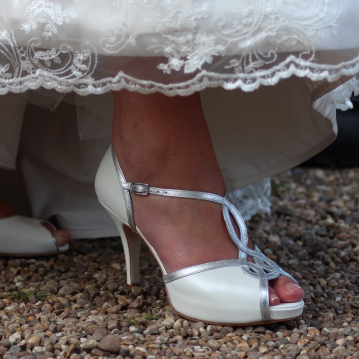 Lindsey May Julieta Ivory Leather T-Bar Platform Sandals with Silver Trim