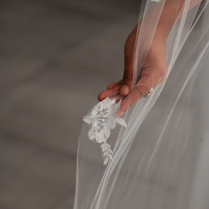 Linzi Jay Long Ivory Single Tier Bridal Veil with Floral Appliques LA607