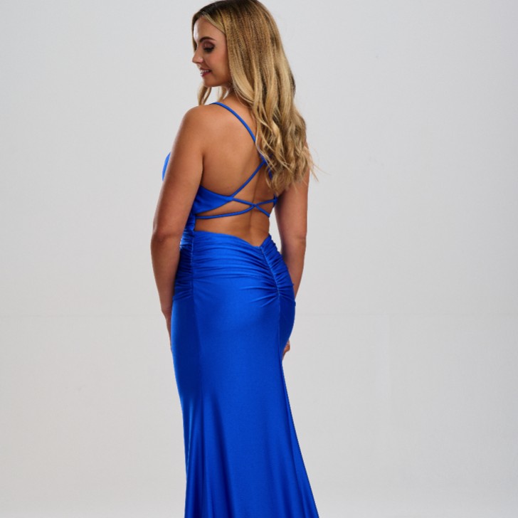 Linzi Jay Plunge Neck Ruched Open Back Prom Dress with Train