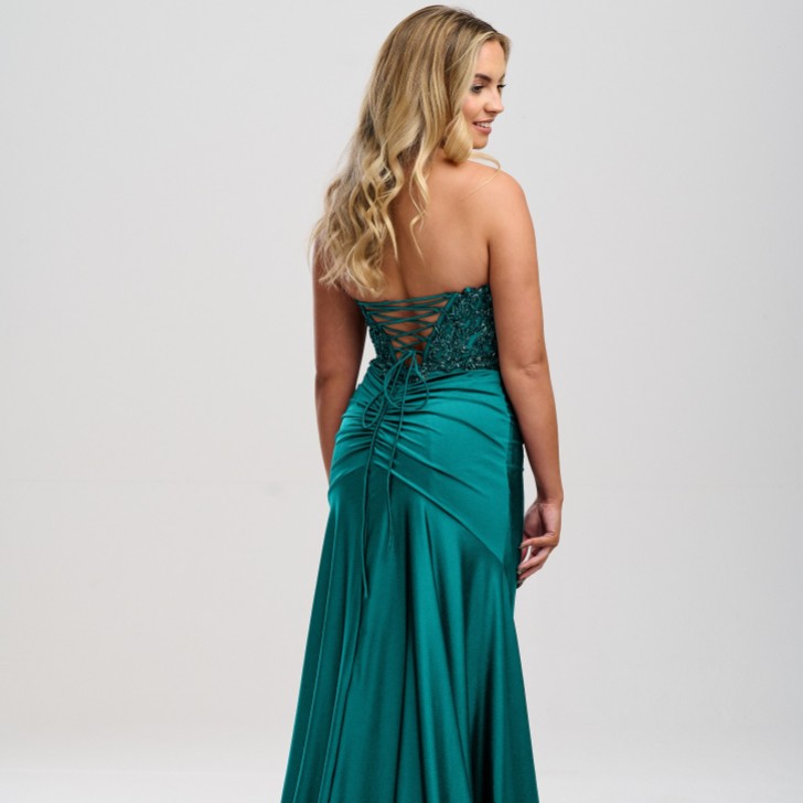 Linzi Jay Teal Strapless Beaded Corset Prom Dress with Slit