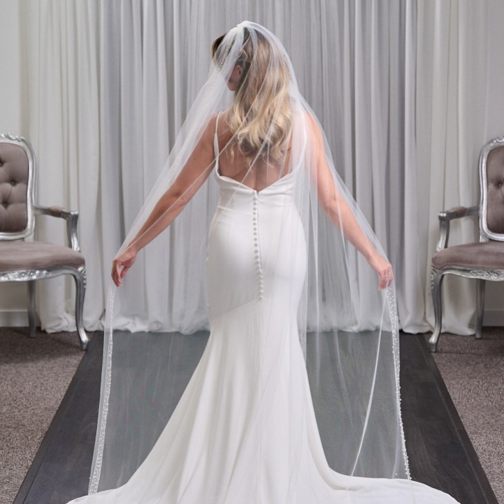 Manhattan Ivory Single Tier Long Pearl and Crystal Embellished Veil