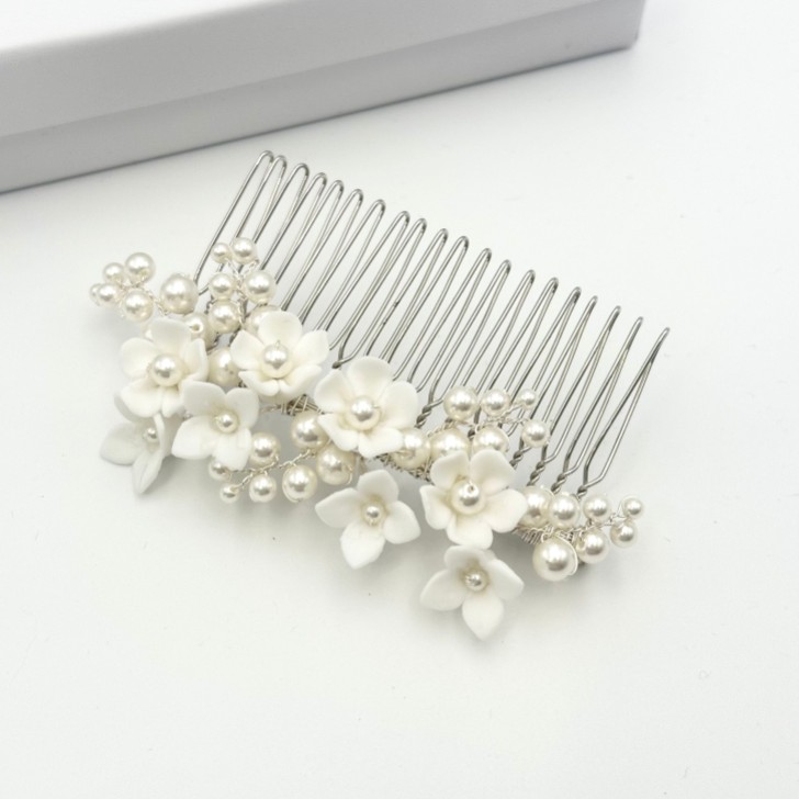 Mirabelle Ivory Ceramic Flower and Pearl Wedding Hair Comb