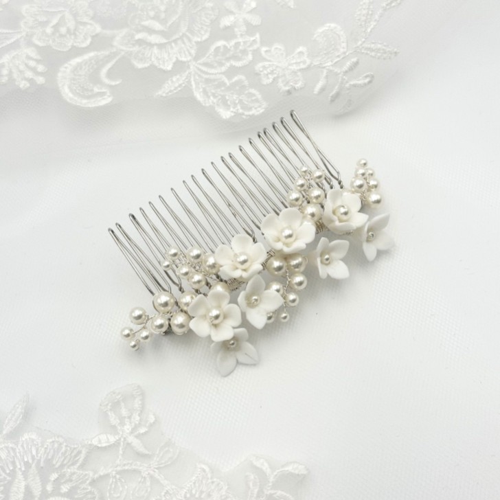 Mirabelle Ivory Ceramic Flower and Pearl Wedding Hair Comb