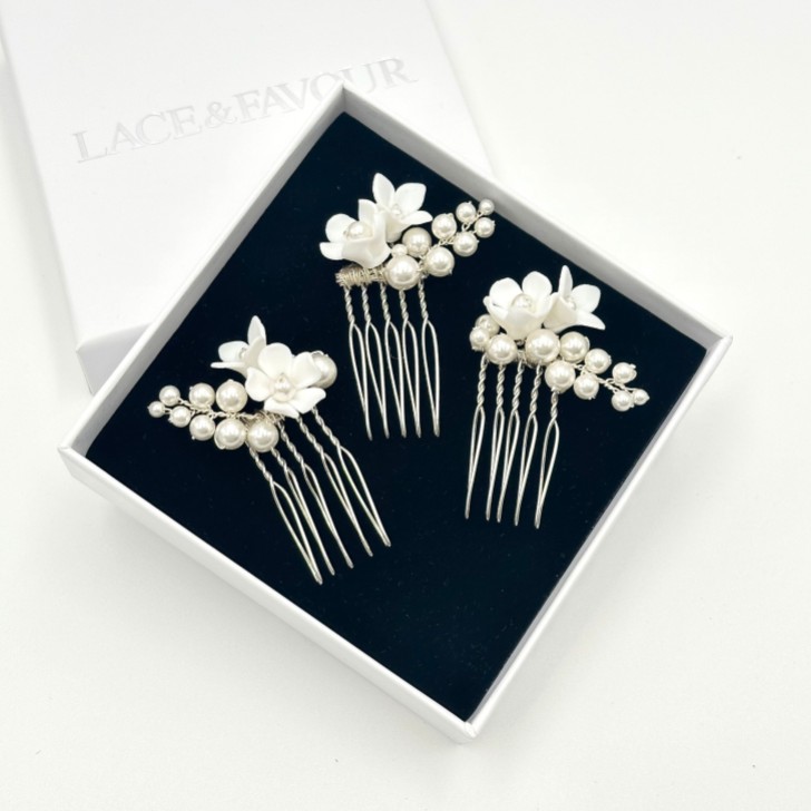 Mirabelle Set of 3 Ivory Ceramic Flower and Pearl Mini Hair Combs