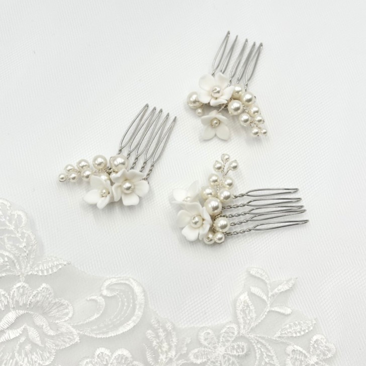 Mirabelle Set of 3 Ivory Ceramic Flower and Pearl Mini Hair Combs