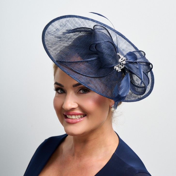 Navy Diamante Bow Large Sinamay Disk Wedding Fascinator