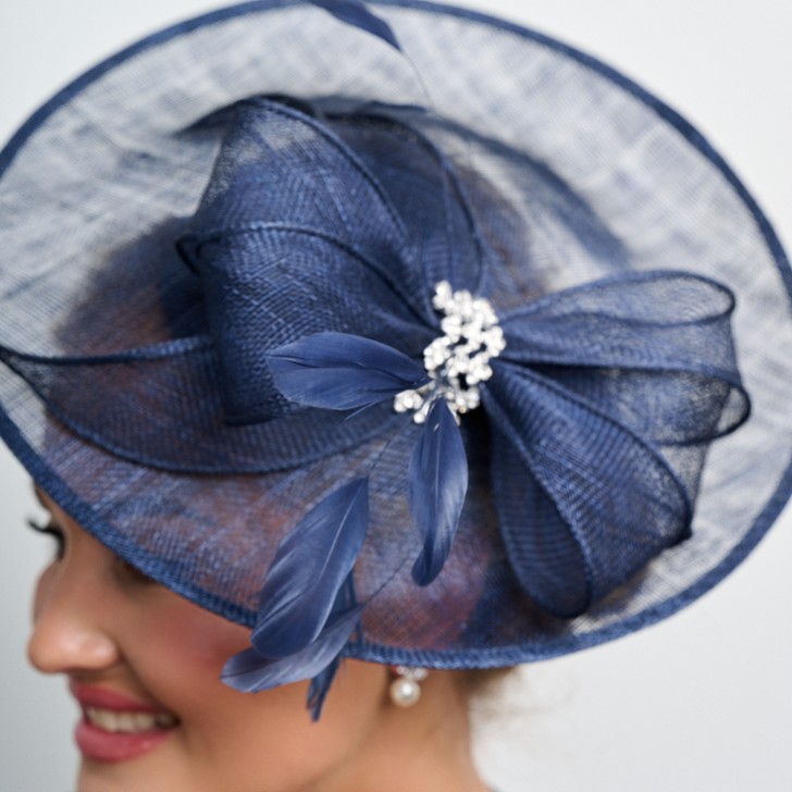 Navy Diamante Bow Large Sinamay Disk Wedding Fascinator