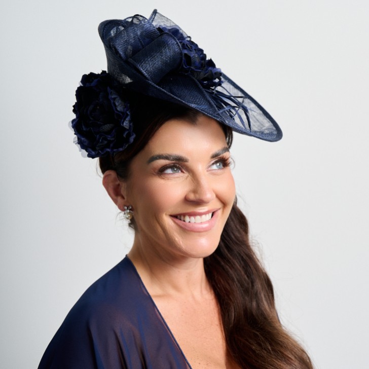 Navy Floral Large Sinamay Disk Wedding Fascinator