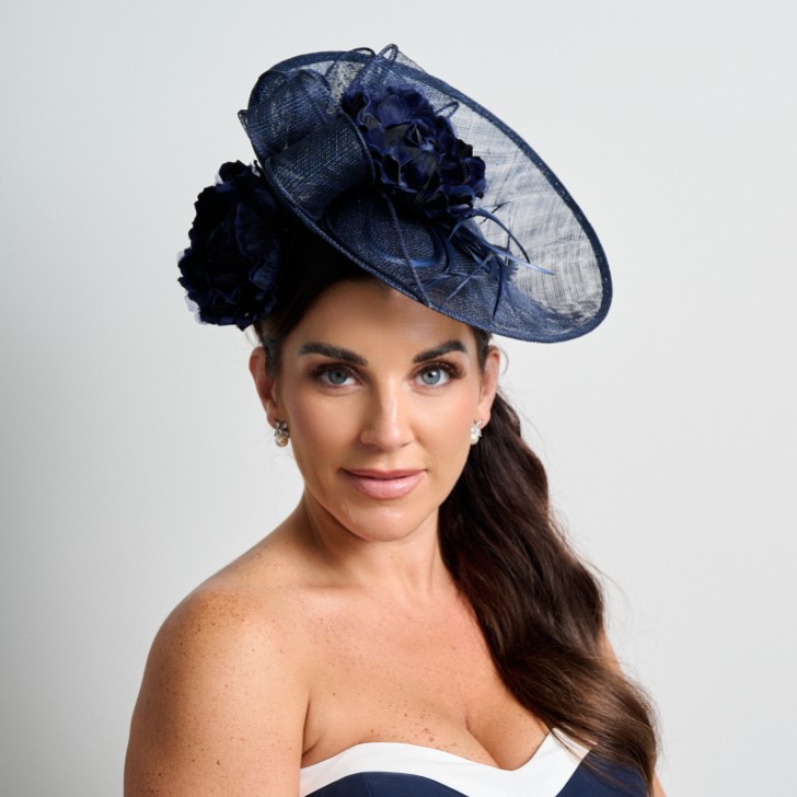 Navy Floral Large Sinamay Disk Wedding Fascinator