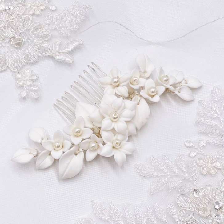 Nieve Ivory Porcelain Flowers and Pearl Wedding Hair Comb