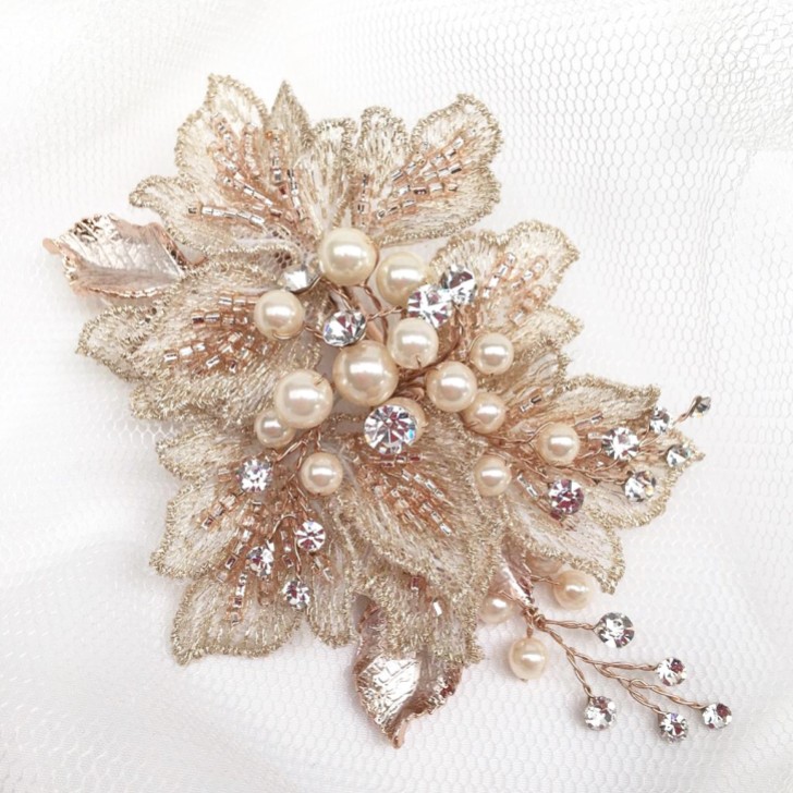 Octavia Rose and Gold Applique Leaves and Sprigs Hair Clip
