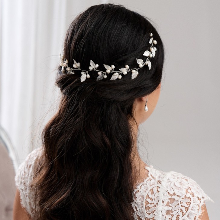 October Silver Leaves and Pearls Long Wedding Hair Vine