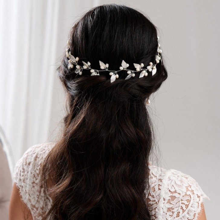 October Silver Leaves and Pearls Long Wedding Hair Vine
