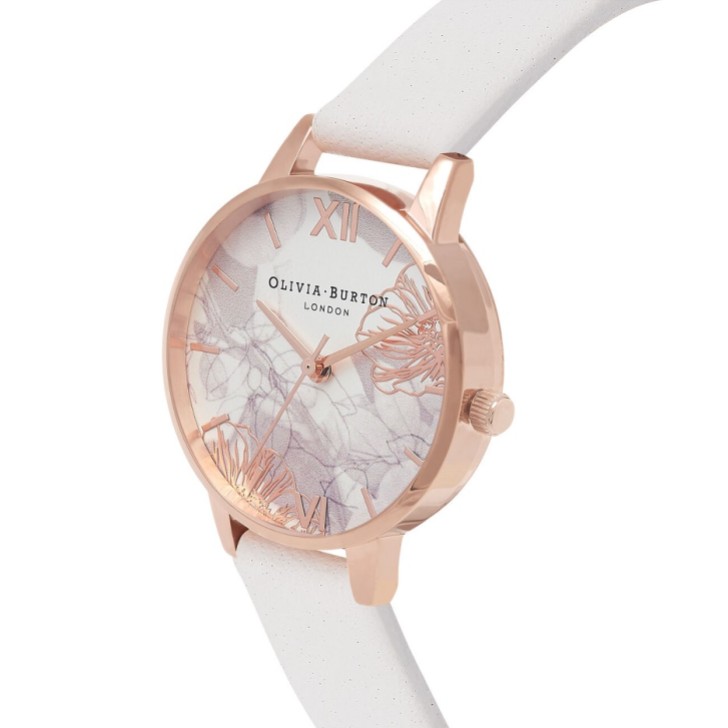 Olivia Burton Floral 30mm Rose Gold and White Leather Strap Watch