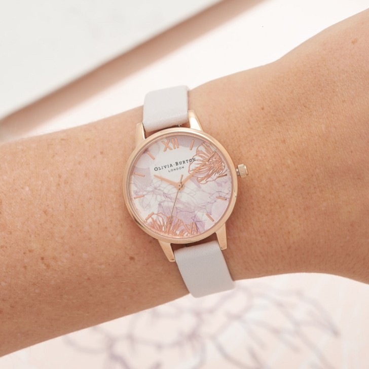 Olivia Burton Floral 30mm Rose Gold and White Leather Strap Watch