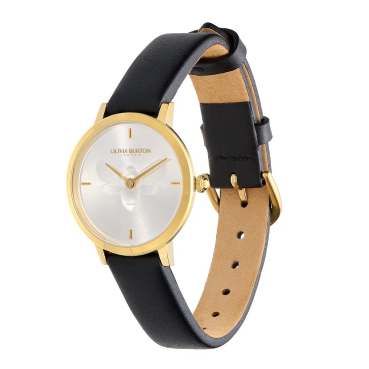 Olivia Burton Bee 28mm Ultra Slim Uhr mit goldenem und schwarzem Lederarmband
