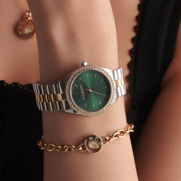 Olivia Burton Bejeweled 34mm Forest Green and Two Tone Bracelet Watch