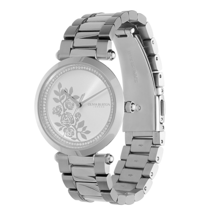 Olivia Burton Floral 34mm Silver Bracelet Watch with Crystal Detail