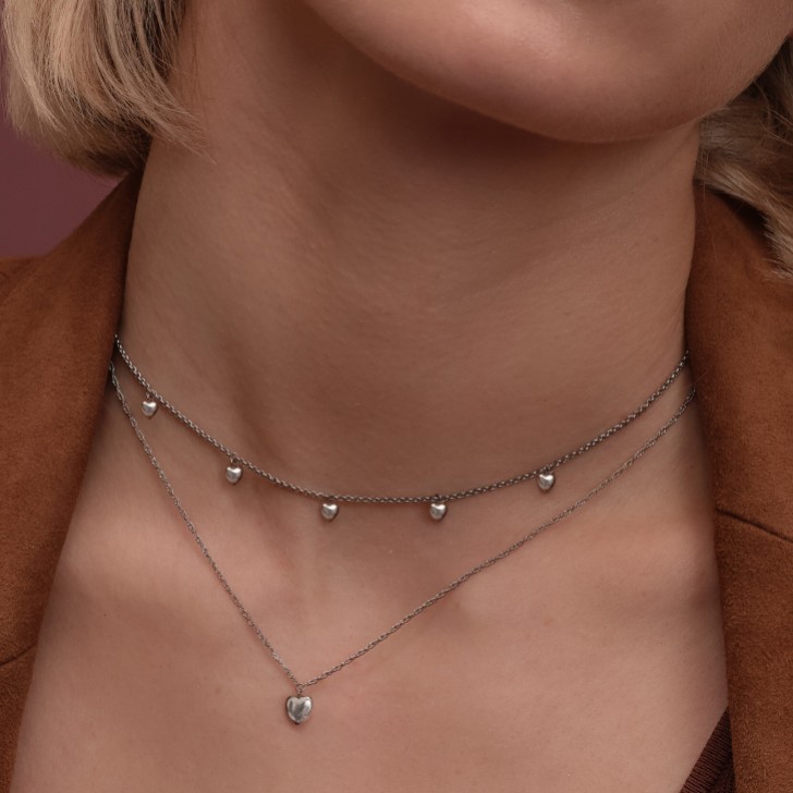 Olivia Burton Mini Heart Silver Tone Double Chain Necklace