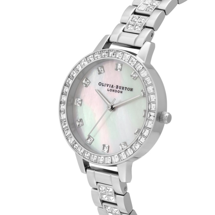 Olivia Burton Mother of Pearl and Crystal 34mm Silver Bracelet Watch